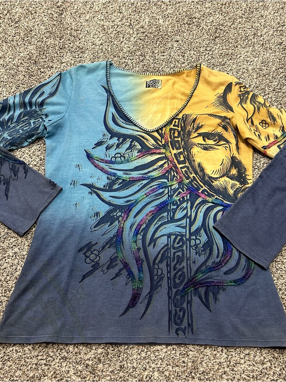 Bamboo Co Womens Large Long Sleeve Mixed Media Boho Top Sun Artsy Art To Wear